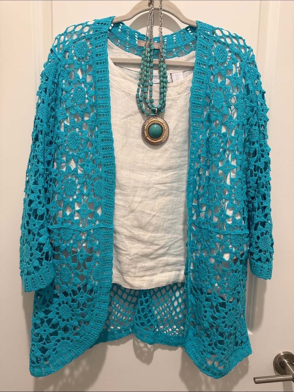 Woman Within Teal Crochet Open-Front Cardigan